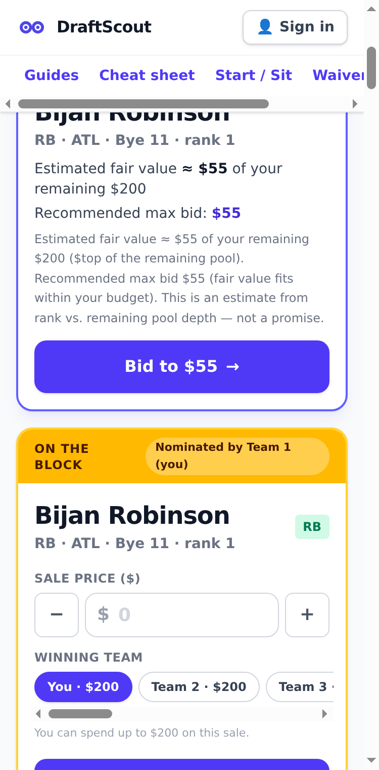 The auction bidding UI in DraftScout showing a recommended max bid for a player on the block.
