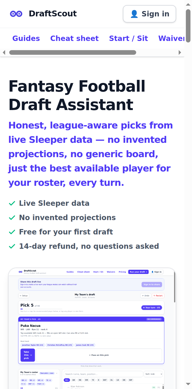 Roster setup screen in the DraftScout draft app — team name, roster slots, scoring format, and league size.