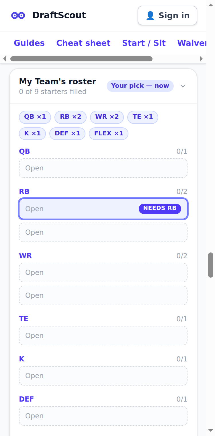A snake draft board in DraftScout surfacing the best available pick for your roster.